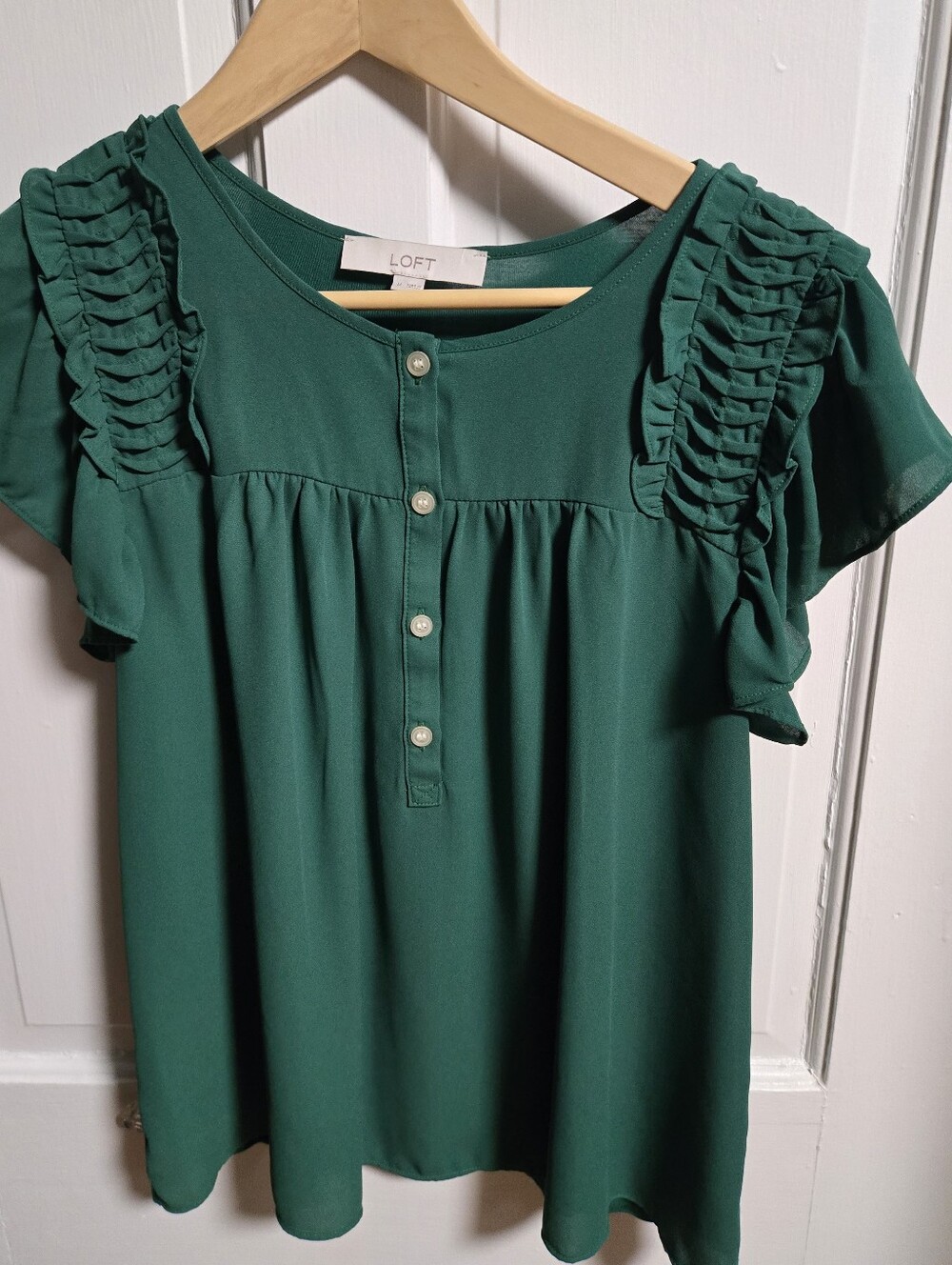 LOFT Emerald Green Ruffle Sleeve Button-Front Blouse